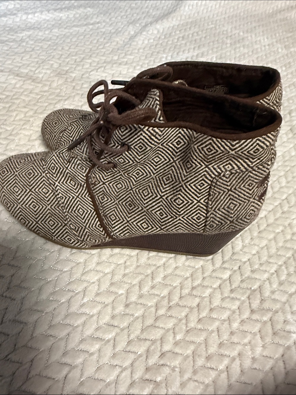 Toms Brown and Cream Geometric Wedge Booties